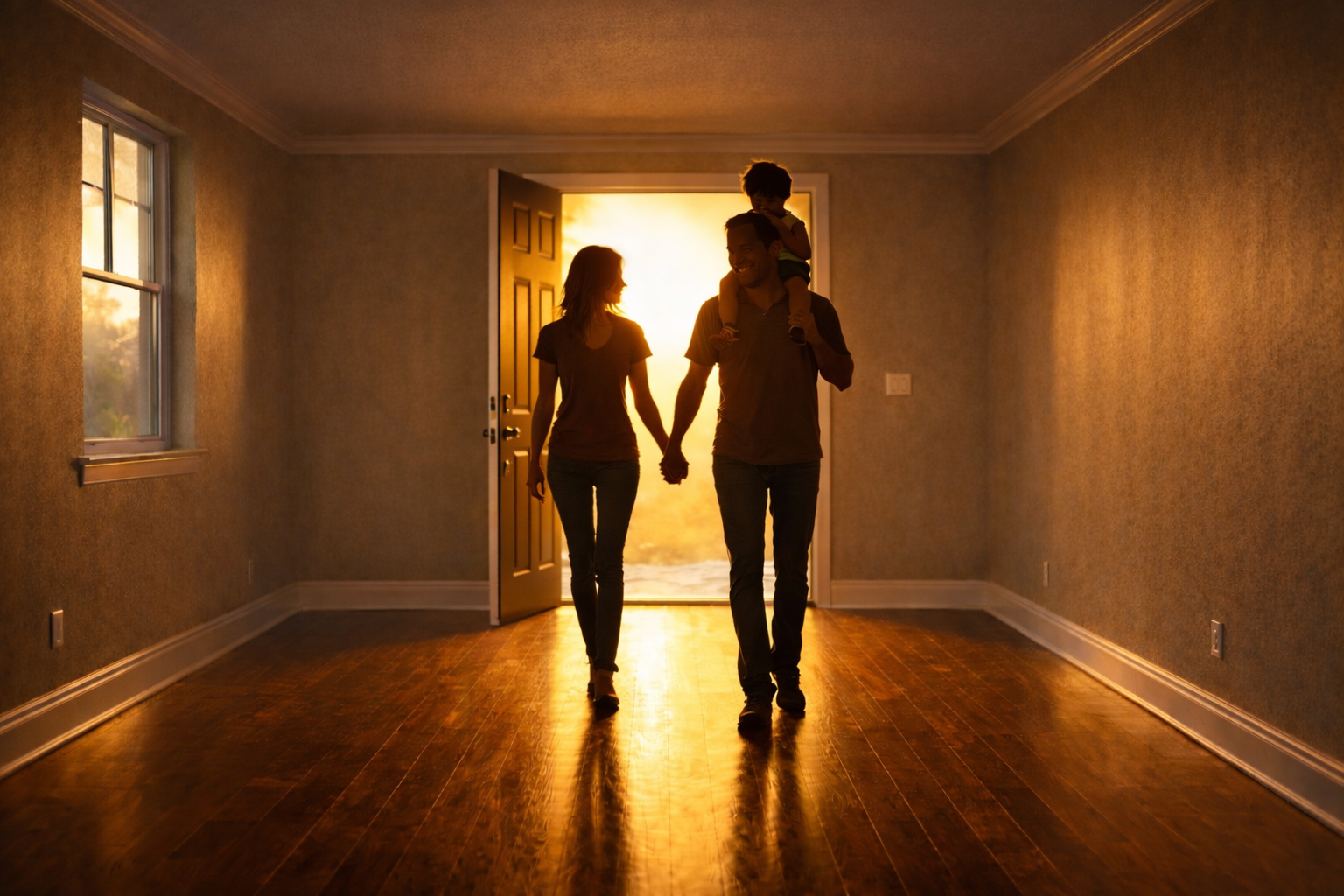 Young family taking their first step through the front door of their new home, silhouetted against natural light