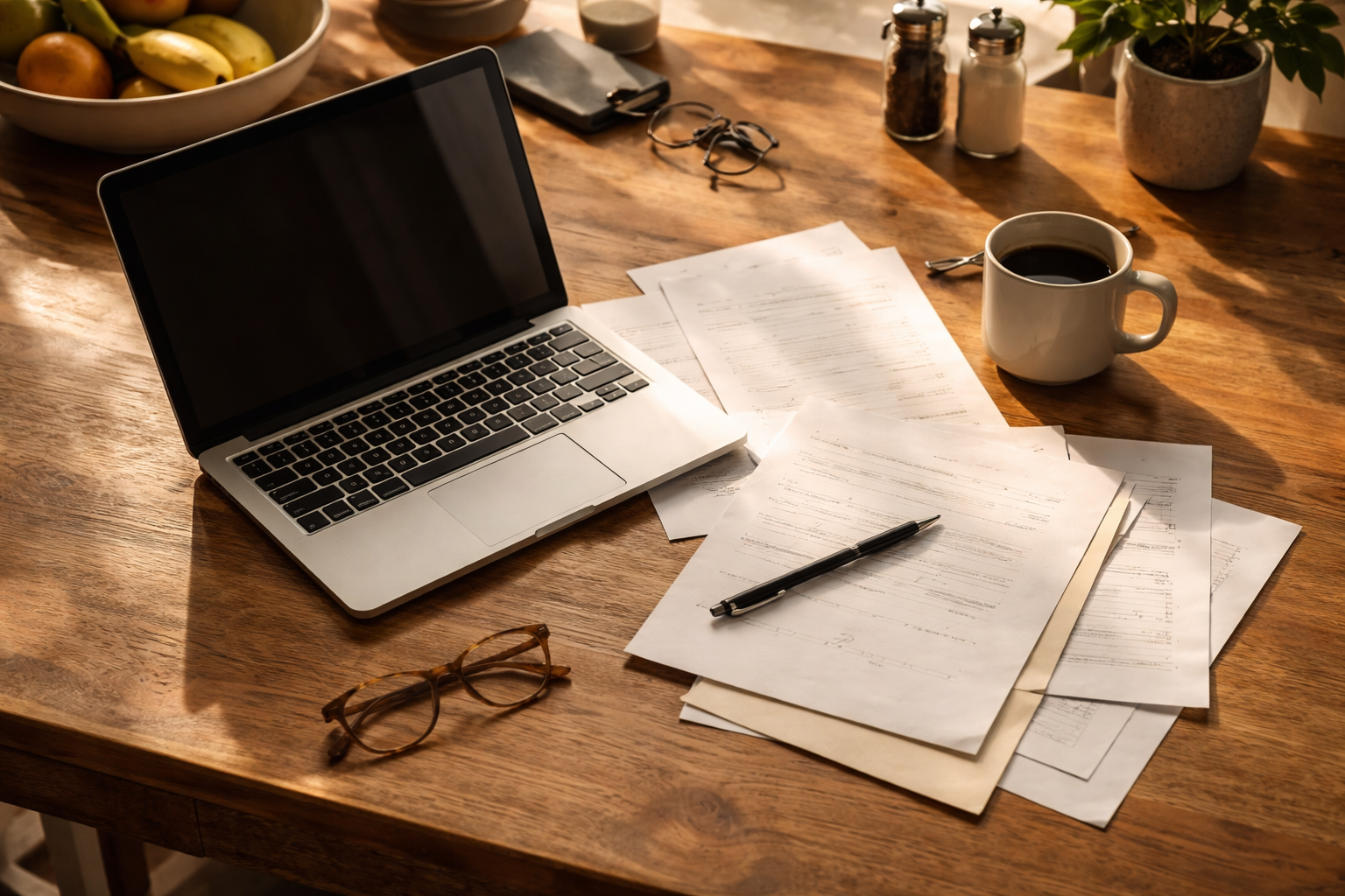 A laptop and scattered papers on a warm kitchen table with a coffee mug