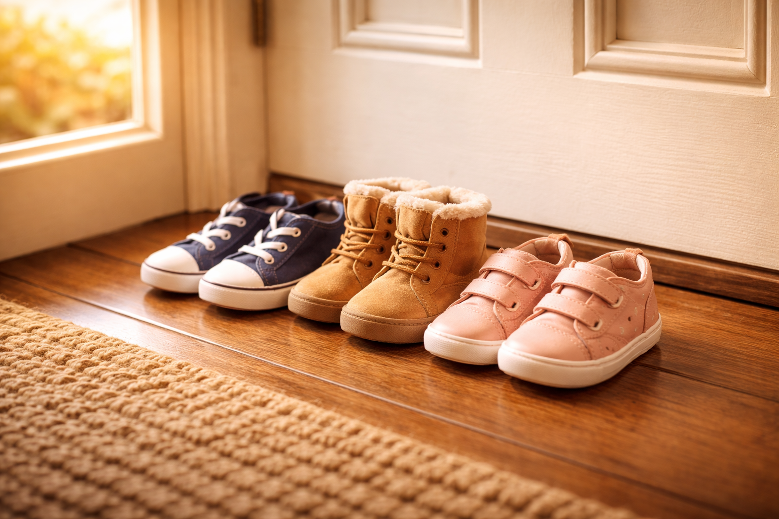 Three pairs of small children's shoes lined up neatly by a front door in warm golden light