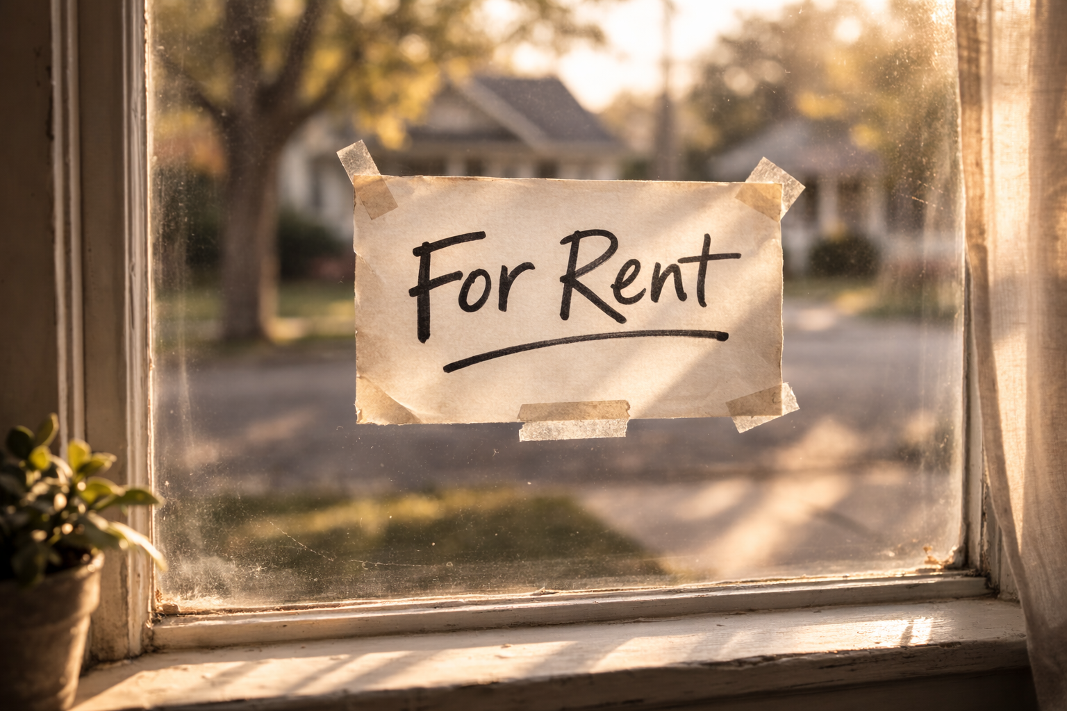A handwritten For Rent sign taped to a window with a quiet residential street visible behind it